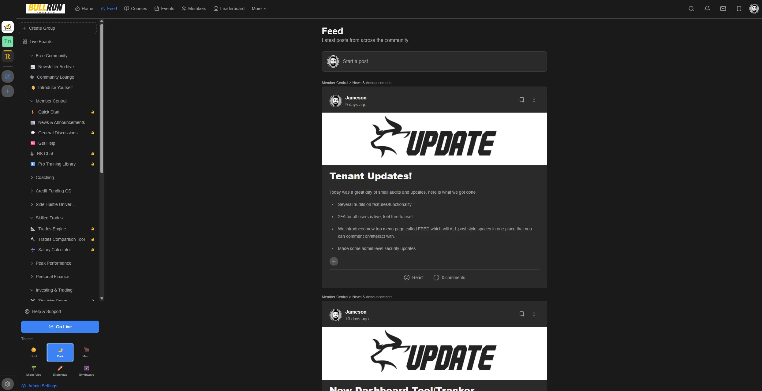 Community discussion feed with rich text posts, reactions, comments, polls, and real-time updates for membership engagement