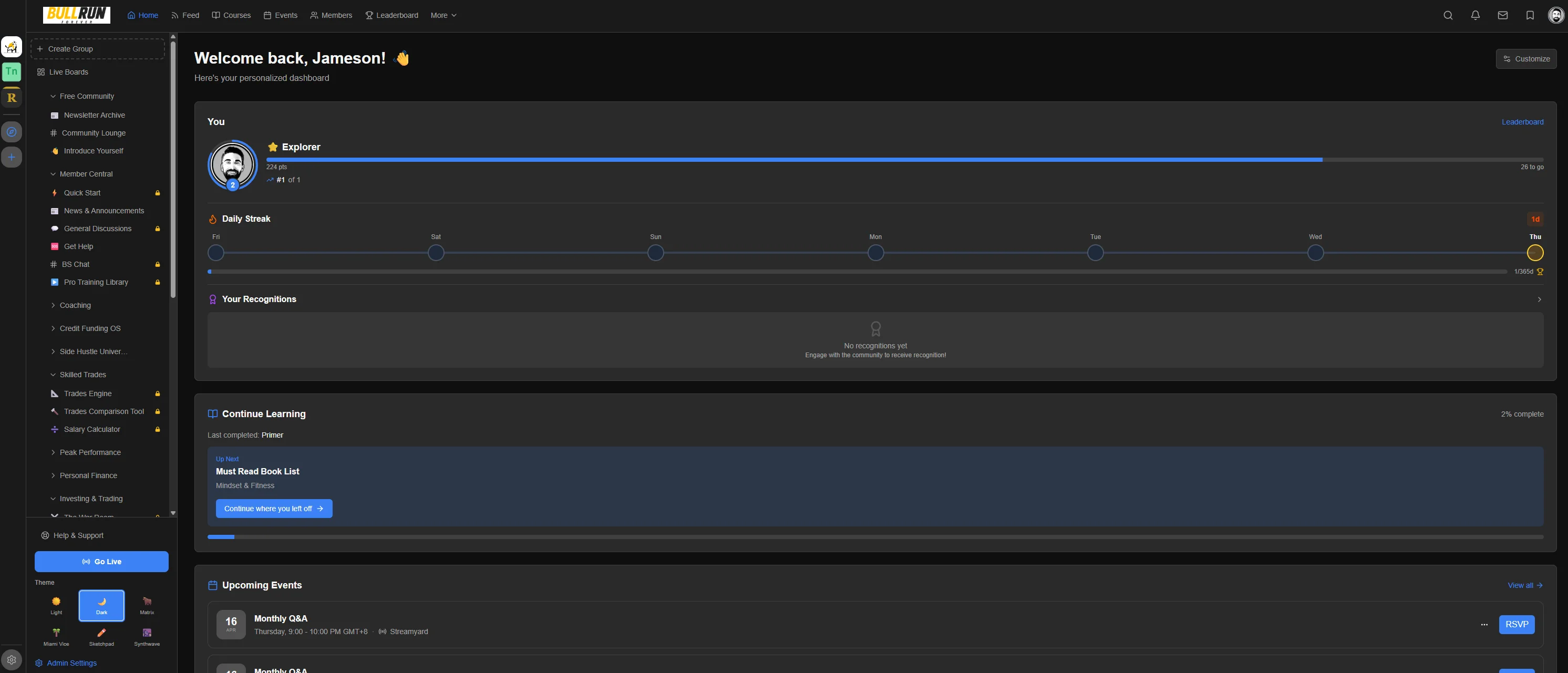 Personalized member dashboard showing daily streak tracker, course progress, upcoming events, and recognition badges on Tenant.so community platform